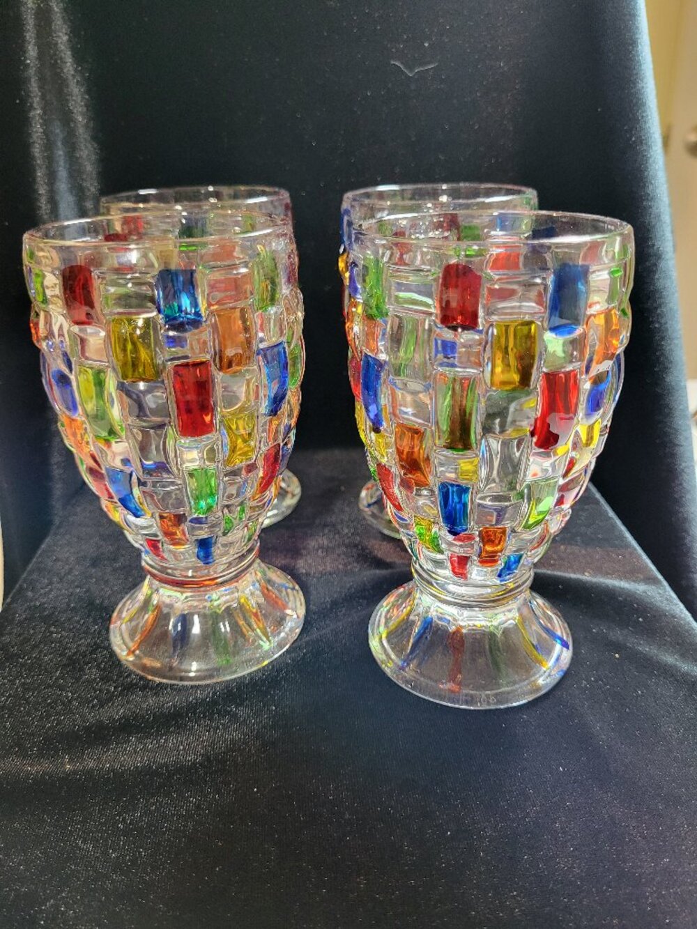Set of 4 Murano Style Multi Color Confetti Waffle Pattern Footed Goblets Mosaic